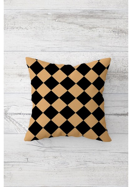 Bej Siyah Kare Desen Çift Tarafı Baskılı Gizli Fermuarlı Yastık Kılıfı Kırlent Koltuk Yastık Kılıfı