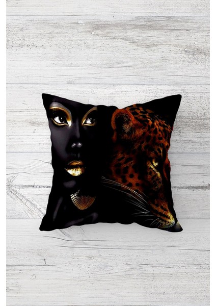 Siyahi Kız Desenli Çift Tarafı Baskılı Gizli Fermuarlı Yastık Kılıfı Kırlent Koltuk Yastık Kılıfı