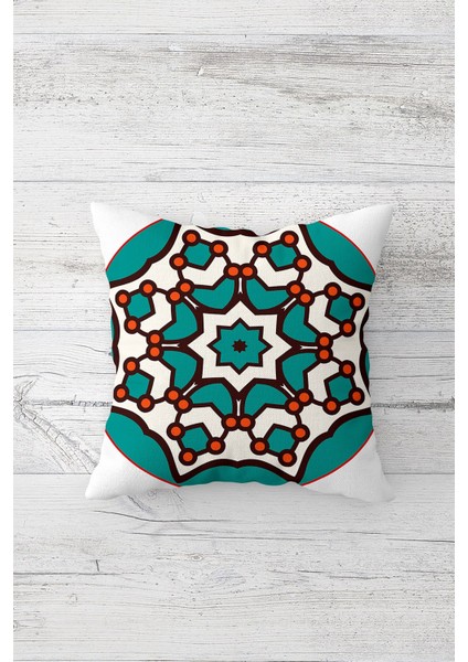 Turkuaz Yıldız Mandaola Çift Tarafı Baskılı Gizli Fermuarlı Yastık Kılıfı Kırlent Yastık Kılıfı