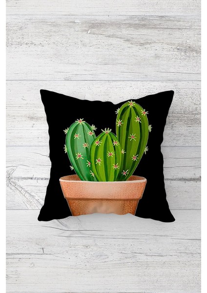 Kaktüs Desenli Çift Tarafı Baskılı Gizli Fermuarlı Yastık Kılıfı Kırlent Koltuk Yastık Kılıfı