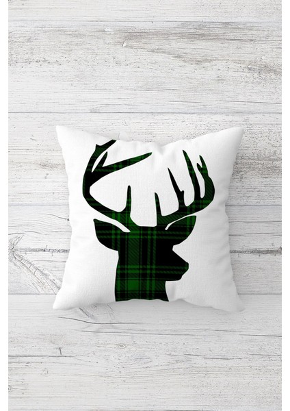 Ekose Yeşil Geyik Desen Çift Tarafı Baskılı Gizli Fermuar Yastık Kılıfı Kırlent Koltuk Yastık Kılıfı