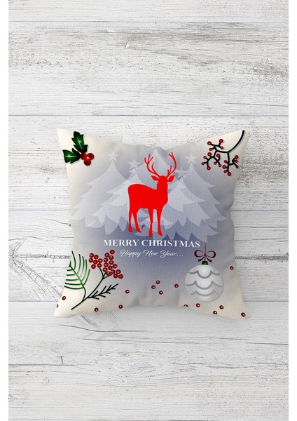 Geyik Yeniyıl Çift Tarafı Baskılı Gizli Fermuarlı Yastık Kılıfı Kırlent Koltuk Yastık Kılıfı