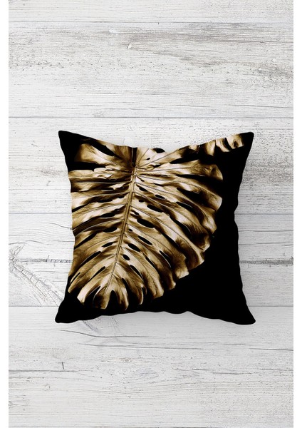 Gold Tropikal Yapraklı Çift Tarafı Baskılı Gizli Fermuar Yastık Kılıfı Kırlent Koltuk Yastık Kılıfı