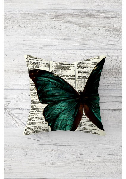 Vintage Yeşil Büyük Kelebek Çift Tarafı Baskılı Gizli Fermuarlı Yastık Kırlent Koltuk Yastık Kılıfı