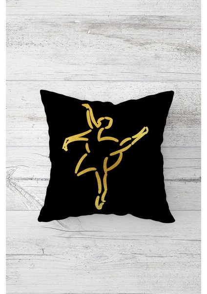 Gold Balerin Desenli Siyah Çift Tarafı Baskılı Gizli Fermuarlı Yastık Kırlent Koltuk Yastık Kılıfı