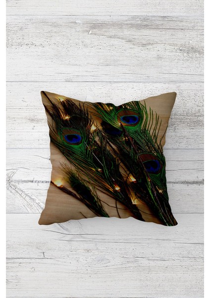 Tavus Kuşu Tüy Desenli Çift Tarafı Baskılı Gizli Fermuar Yastık Kılıfı Kırlent Koltuk Yastık Kılıfı