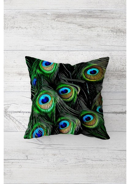 Tavus Kuşu Tüy Desenli Çift Tarafı Baskılı Gizli Fermuar Yastık Kılıfı Kırlent Koltuk Yastık Kılıfı