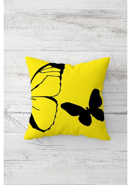 Sarı Siyah Kelebekli Çift Tarafı Baskılı Gizli Fermuarlı Yastık Kılıfı Kırlent Koltuk Yastık Kılıfı