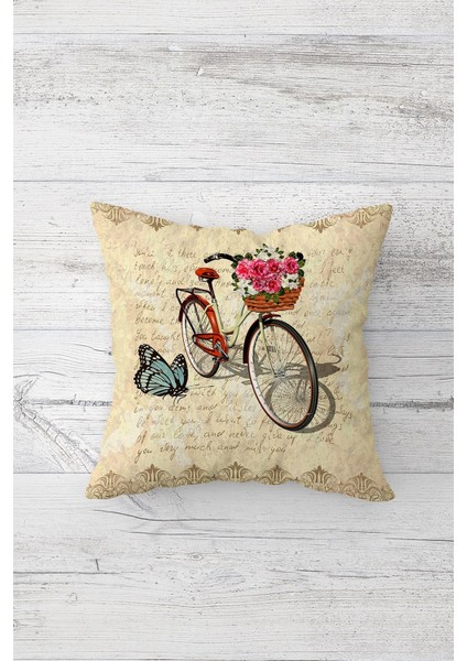 Vintage Bisiklet Kelebek Gül Çift Taraflı Gizli Fermuarlı Yastık Kılıfı Kırlent Koltuk Yastık Kılıfı