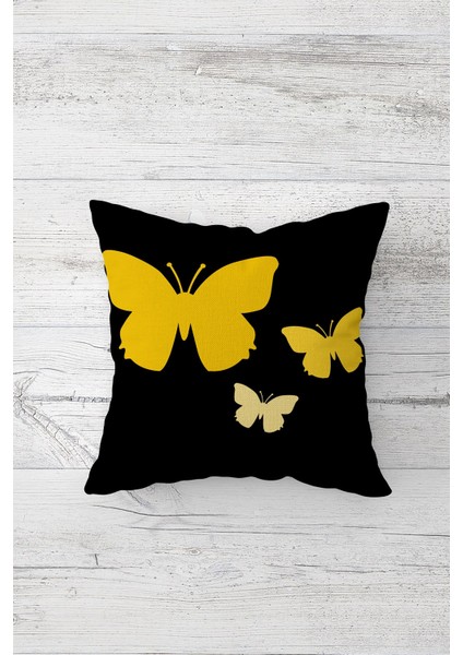 Siyah Gold Kelebekli Çift Tarafı Baskılı Gizli Fermuarlı Yastık Kılıfı Kırlent Koltuk Yastık Kılıfı