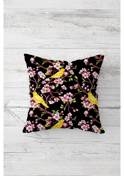 Sakura Çiçekleri Dalda Kuş Çift Tarafı Baskılı Gizli Fermuarlı Kırlent Koltuk Yastık Kılıfı