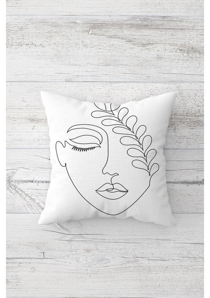 Line Art Yüz Çizimi Çift Tarafı Baskılı Gizli Fermuarlı Yastık Kılıfı Kırlent Koltuk Yastık Kılıfı