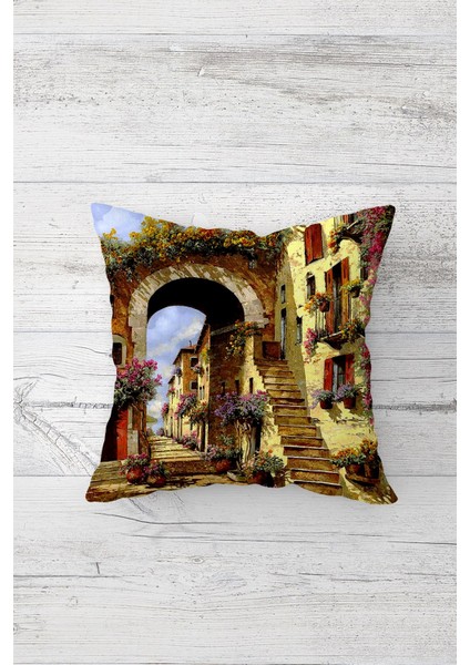 Merdivenli Ev Çift Tarafı Baskılı Gizli Fermuarlı Yastık Kılıfı Kırlent Koltuk Yastık Kılıfı