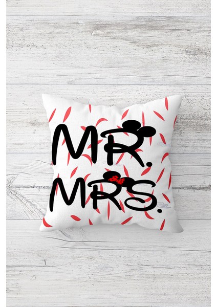 Mr & Mrs Çift Tarafı Baskılı Gizli Fermuarlı Yastık Kılıfı Kırlent Koltuk Yastık Kılıfı