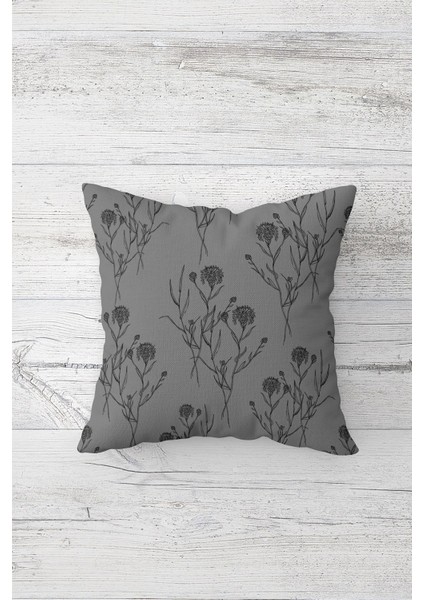 Gri Zemin Karanfil Desenli Vintage Çift Tarafı Baskı Gizli Fermuar Kırlent Koltuk Yastık Kılıfı