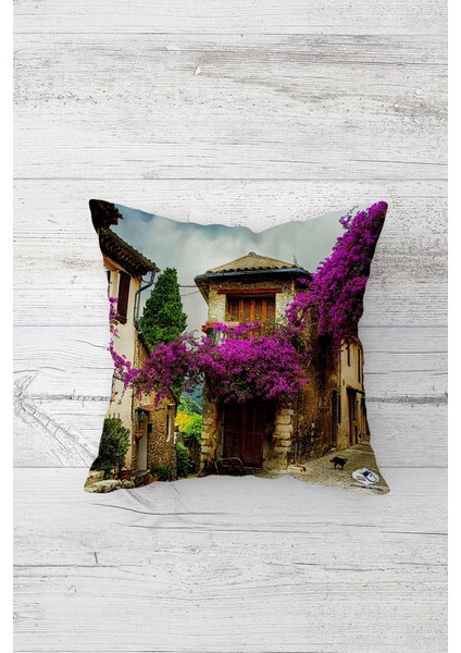 Begonvil Manzaralı Çift Tarafı Baskılı Gizli Fermuarlı Yastık Kılıfı Kırlent Koltuk Yastık Kılıfı