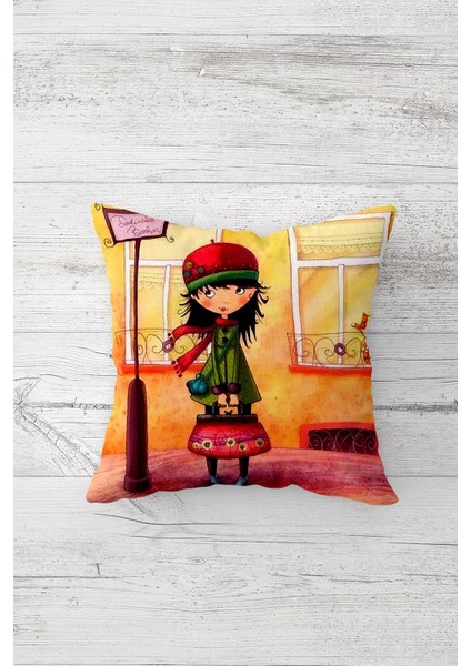 Şapkalı Çantalı Genç Kız Gizli Fermuarlı Genç Kız Odası Kırlent Koltuk Yastık Kılıfı