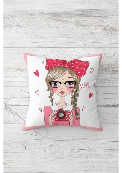 Pop Art Fotoğrafcı Kız Çift Tarafı Baskılı Gizli Fermuarlı Yastık Kılıfı Kırlent Yastık Kılıfı