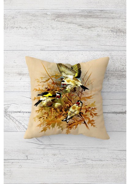 Dalda Kuşlar Çift Tarafı Baskılı Gizli Fermuarlı Yastık Kılıfı Kırlent Koltuk Yastık Kılıfı