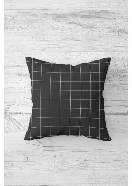 Gri Kare Desenli Çift Tarafı Baskılı Gizli Fermuarlı Yastık Kılıfı Kırlent Koltuk Yastık Kılıfı