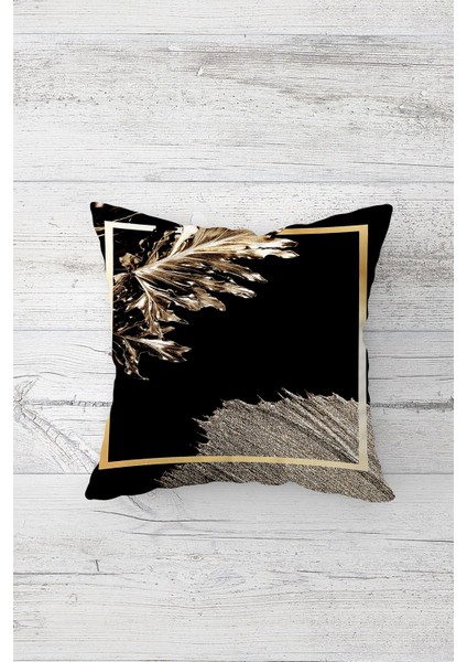 Gold Tropikal Yaprak Çift Tarafı Baskılı Gizli Fermuarlı Yastık Kılıfı Kırlent Koltuk Yastık Kılıfı