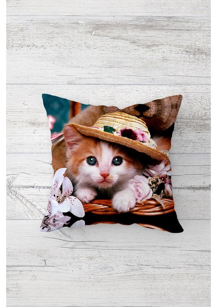 Şapkalı Yavru Kedi Çift Tarafı Baskılı Gizli Fermuarlı Yastık Kılıfı Kırlent Koltuk Yastık Kılıfı