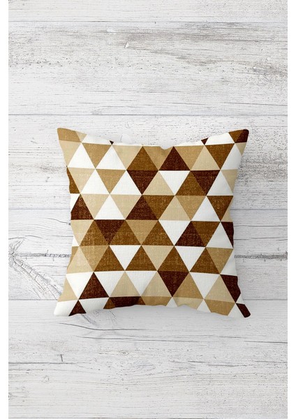 Bej Kahverengi Geometrik Desen Çift Tarafı Baskı Gizli Fermuarlı Yastık Kılıfı Kırlent Yastık Kılıf