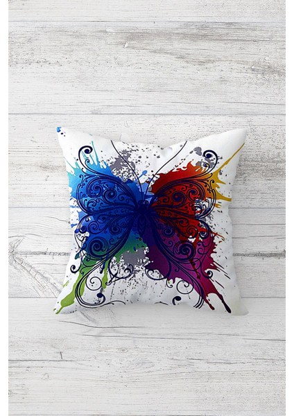 Suluboya Renkli Kelebek Çift Tarafı Baskılı Gizli Fermuarlı Yastık Kılıfı Kırlent Yastık Kılıfı