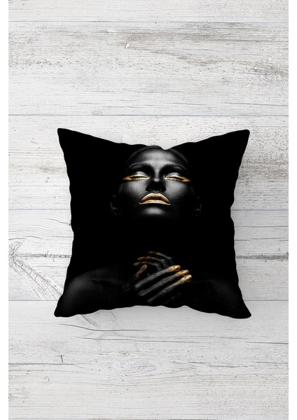 Siyahi Kadın Desenli Çift Tarafı Baskılı Gizli Fermuarlı Yastık Kılıfı Kırlent Koltuk Yastık Kılıfı