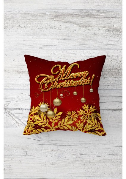 Merry Christmas Gold Çift Tarafı Baskılı Gizli Fermuarlı Yastık Kılıfı Kırlent Koltuk Yastık Kılıfı
