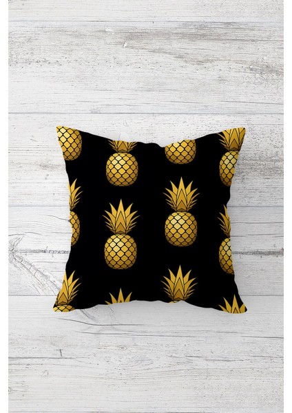 Gold Ananas Desenli Çift Tarafı Baskılı Gizli Fermuarlı Yastık Kılıfı Kırlent Koltuk Yastık Kılıfı