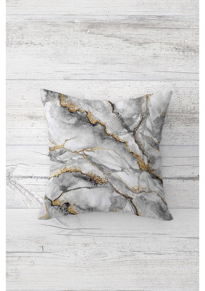 Gri Mermer Desen Çift Tarafı Baskılı Gizli Fermuarlı Yastık Kılıfı Kırlent Koltuk Yastık Kılıfı