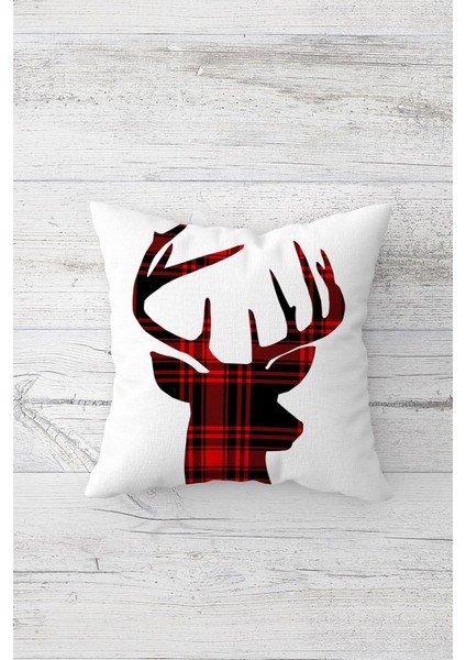 Ekose Kırmızı Geyik Desen Çift Tarafı Baskılı Gizli Fermuarlı Yastık Kılıfı Kırlent Yastık Kılıfı