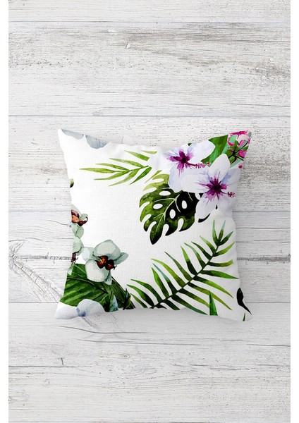 Çiçekli Yapraklı Çift Tarafı Baskılı Gizli Fermuarlı Yastık Kılıfı Kırlent Koltuk Yastık Kılıfı