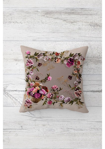 Çiçek Çerçeveli Çift Tarafı Baskılı Gizli Fermuarlı Yastık Kılıfı Kırlent Koltuk Yastık Kılıfı