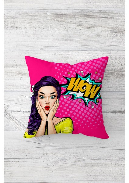 Pembe Pop Art Çift Tarafı Baskılı Gizli Fermuarlı Yastık Kılıfı Kırlent Koltuk Yastık Kılıfı