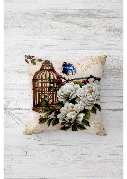 Vintage Kafes ve Çiçek Çift Tarafı Baskılı Gizli Fermuarlı Yastık Kılıfı Kırlent Koltuk Yastık Kılıf