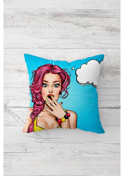 Pop Art Girl Çift Tarafı Baskılı Gizli Fermuarlı Yastık Kılıfı Kırlent Koltuk Yastık Kılıfı