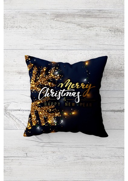 Gold Happy Christmas Çift Tarafı Baskılı Gizli Fermuarlı Yastık Kılıfı Kırlent Koltuk Yastık Kılıfı