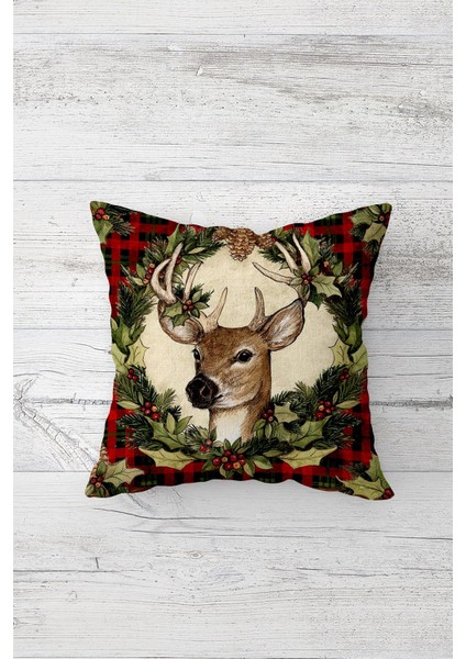 Kokina Geyik Desenli Çift Tarafı Baskılı Gizli Fermuarlı Yastık Kılıfı Kırlent Koltuk Yastık Kılıfı