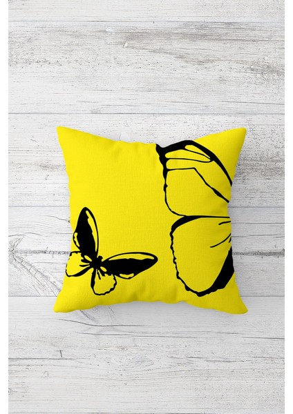 Sarı Siyah Kelebekli Çift Tarafı Baskılı Gizli Fermuarlı Yastık Kılıfı Kırlent Koltuk Yastık Kılıfı
