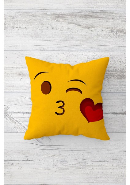 Kalpli Öpücük Emoji Çift Tarafı Baskılı Gizli Fermuarlı Yastık Kılıfı Kırlent Koltuk Yastık Kılıfı