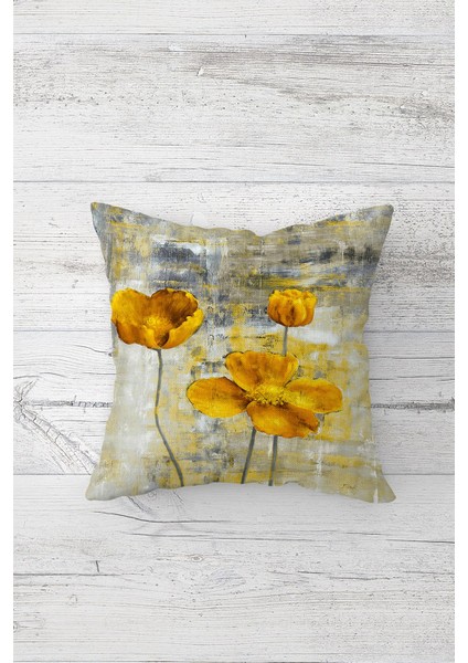 Esitme Zeminde Sarı Gelincik Desenli Çift Tarafı Baskılı Gizli Fermuar Kırlent Koltuk Yastık Kılıfı