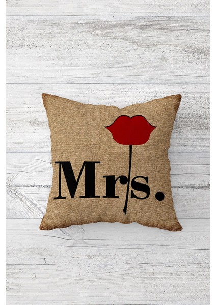 Mrs. Yazılı Çift Tarafı Baskılı Gizli Fermuarlı Dekoratif Kırlent Kılıfı Yastık Kılıfı