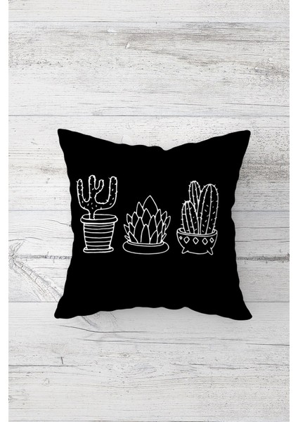 Siyah Zeminde Kaktüsler Bohem Çift Taraflı Gizli Fermuarlı Yastık Kılıf Kırlent Koltuk Yastık Kılıfı