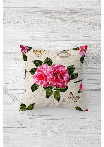 Kelebek ve Pembe Gül Çift Tarafı Baskılı Gizli Fermuarlı Yastık Kılıfı Kırlent Koltuk Yastık Kılıfı