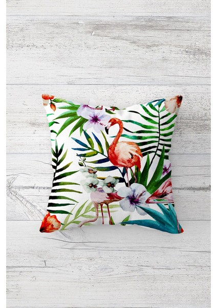 Botanik Flamingo Desen Çift Tarafı Baskılı Gizli Fermuarlı Yastık Kılıfı Kırlent Yastık Kılıfı