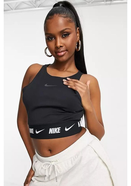 Sportswear Logolu Bantlı Crop Top Siyah Kısa Atlet