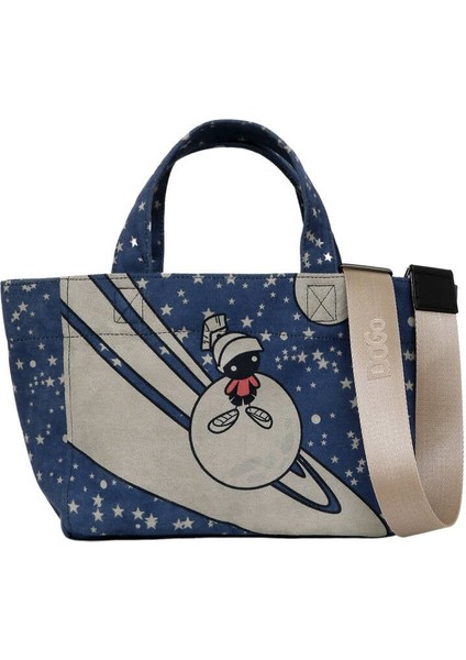 Kadın Vegan Mavi Medium Tote Bag - Warner Bros Marvin Tasarım