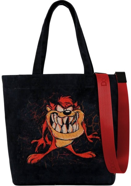 Kadın Vegan Siyah Large Tote Bag - Warner Bros Tasmanian Devil Tasarım